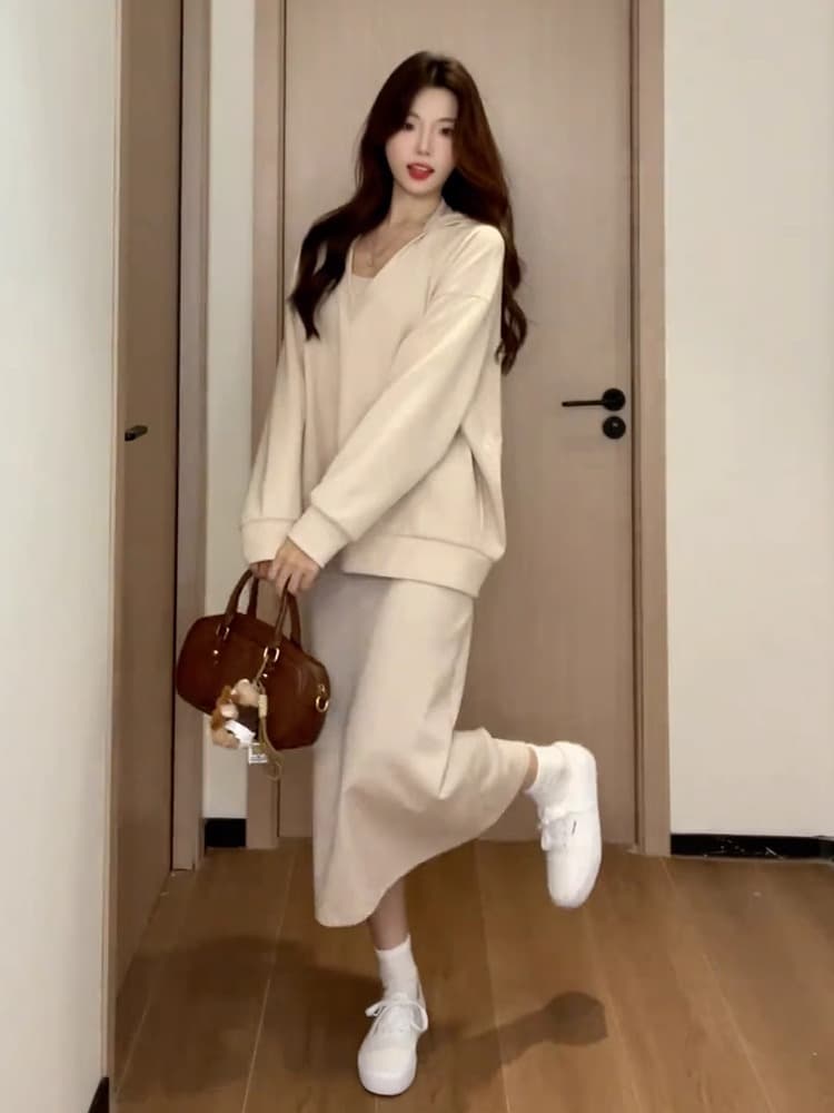 사람들 면 빈 가스 층 참나무 늑골 부드러운 바람 행침 목 세트 후드 맨위 슬림해 보이는 반신 스커트 투피스 세트 이미지 2