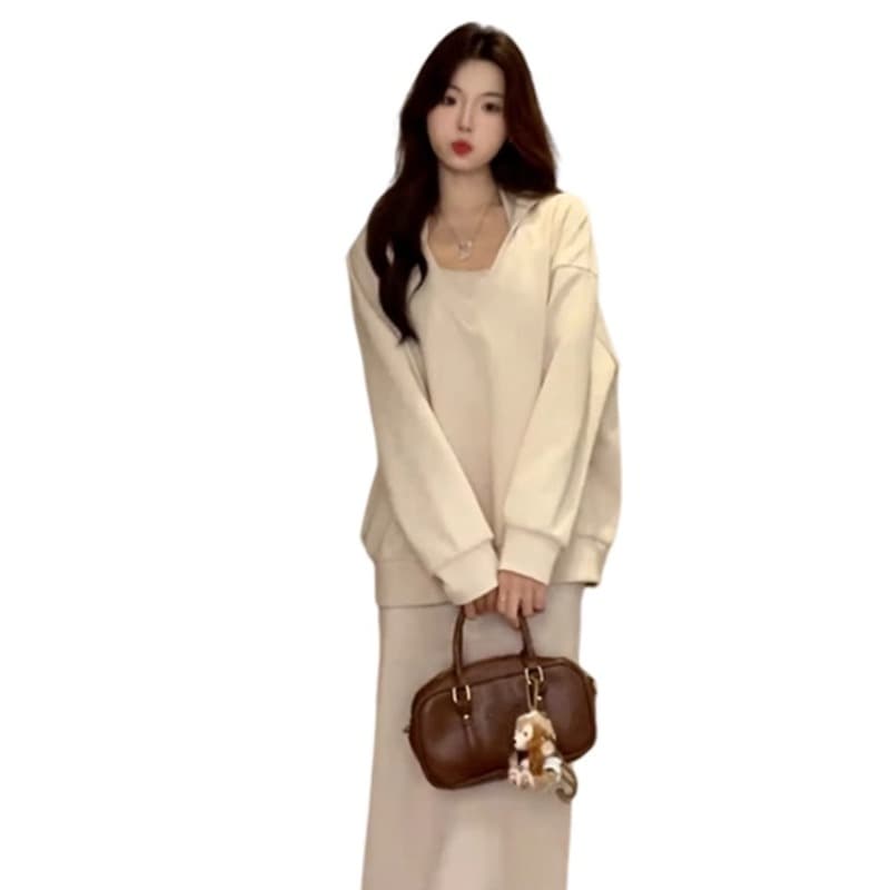 사람들 면 빈 가스 층 참나무 늑골 부드러운 바람 행침 목 세트 후드 맨위 슬림해 보이는 반신 스커트 투피스 세트 이미지 3