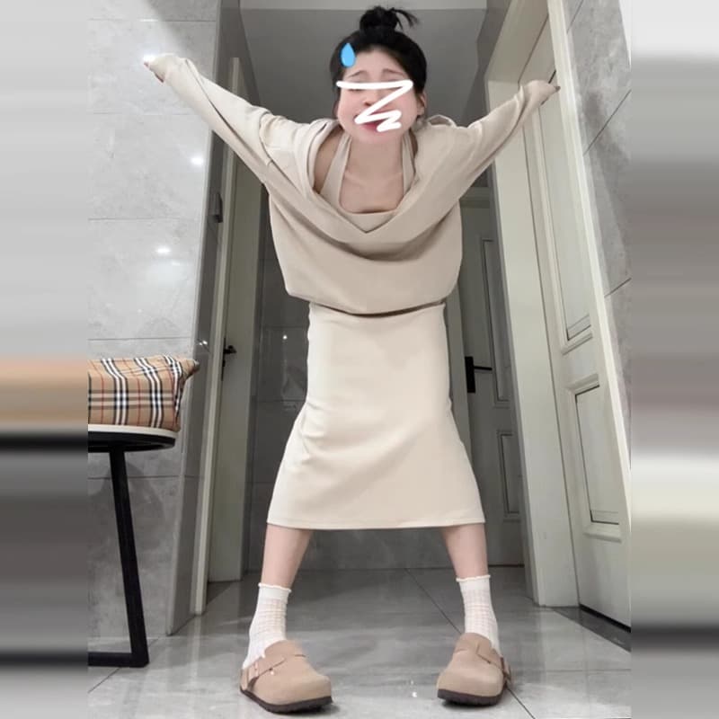 사람들 면 빈 가스 층 참나무 늑골 이른 가을 미니멀리즘 세트 여성 비틀림 후드 맨위 타이트 스커트 반신 스커트