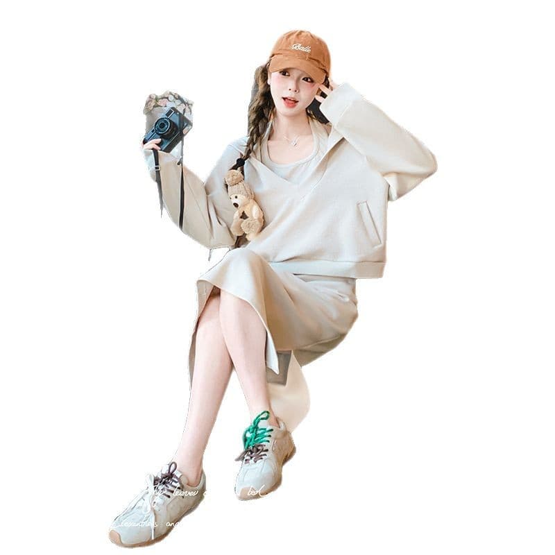 사람들 면 빈 가스 층 참나무 늑골 한 부서 캐주얼 후드티 세트 비틀림 디자인 하이웨이스트 반신 스커트 이미지 5