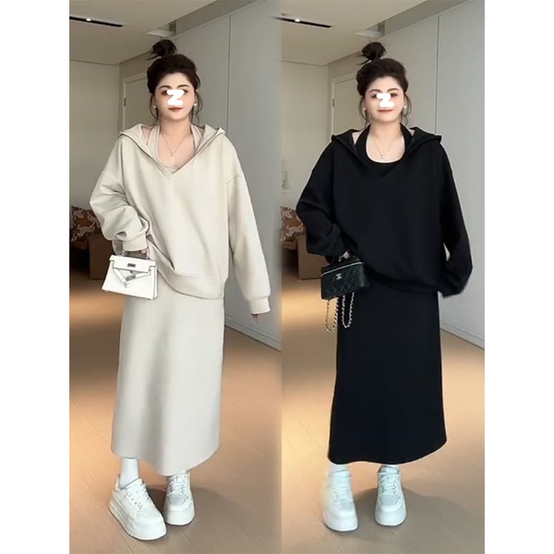 사람들 면 빈 가스 층 참나무 늑골 슬림해 보이는 단색 투피스 세트 행침 목 v 칼라 후드 맨위 반신 스커트