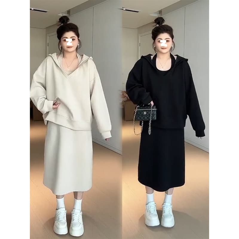 사람들 면 빈 가스 층 참나무 늑골 슬림해 보이는 단색 투피스 세트 행침 목 v 칼라 후드 맨위 반신 스커트 이미지 4
