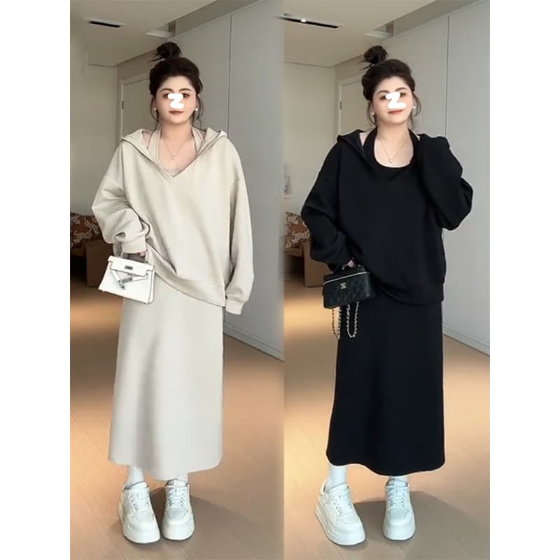 사람들 면 빈 가스 층 참나무 늑골 슬림해 보이는 단색 투피스 세트 행침 목 v 칼라 후드 맨위 반신 스커트 이미지 5