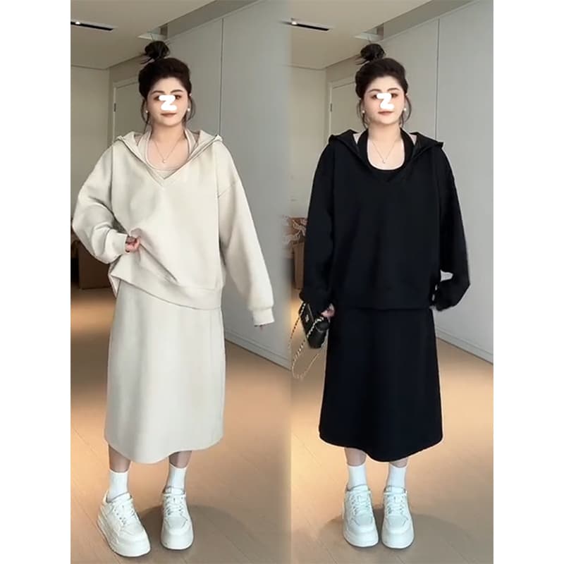 사람들 면 빈 가스 층 참나무 늑골 슬림해 보이는 단색 투피스 세트 행침 목 v 칼라 후드 맨위 반신 스커트 이미지 3