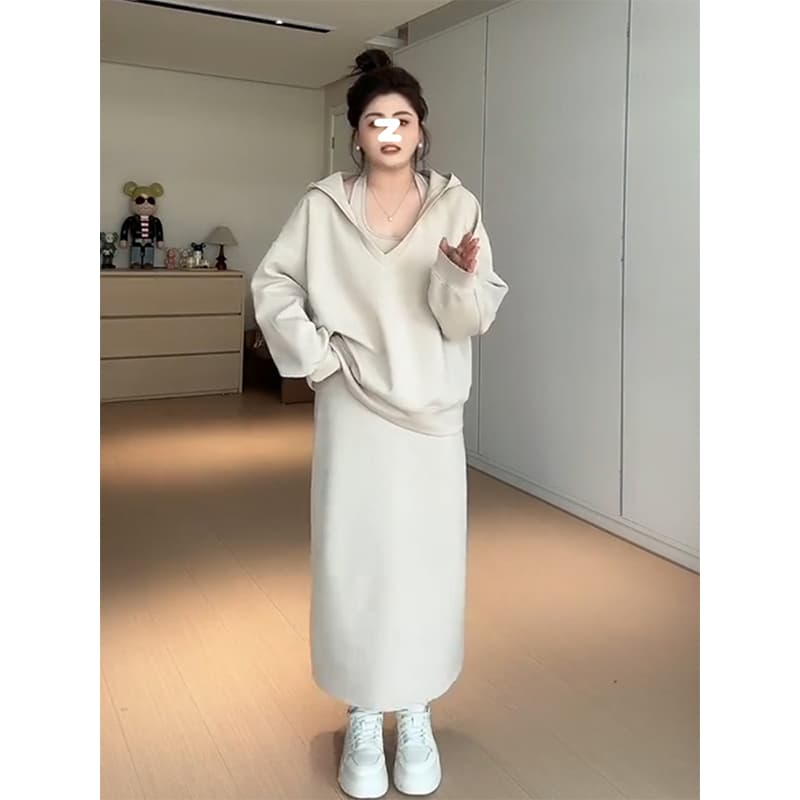 사람들 면 빈 가스 층 참나무 늑골 슬림해 보이는 단색 투피스 세트 행침 목 v 칼라 후드 맨위 반신 스커트 이미지 2