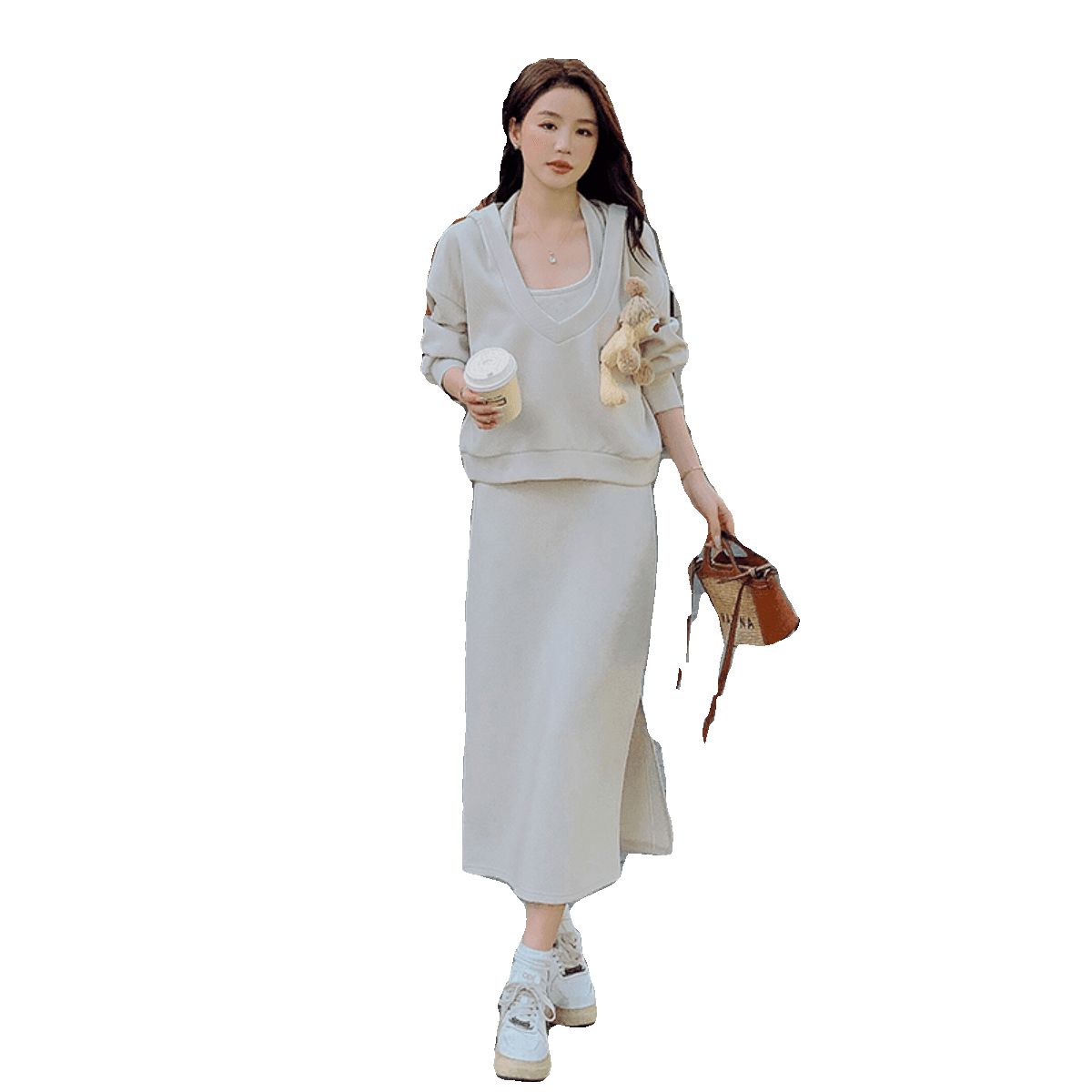 면 빈 가스 층 참나무 늑골 일상 출퇴근 세트 비틀림 후드티 몸매 가꾸기 반신 롱 스커트 여성 의류 이미지 5