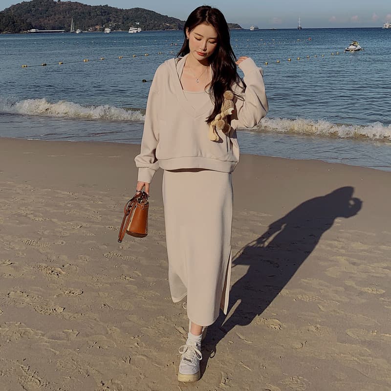면 빈 가스 층 참나무 늑골 일상 출퇴근 세트 비틀림 후드티 몸매 가꾸기 반신 롱 스커트 여성 의류 이미지 2