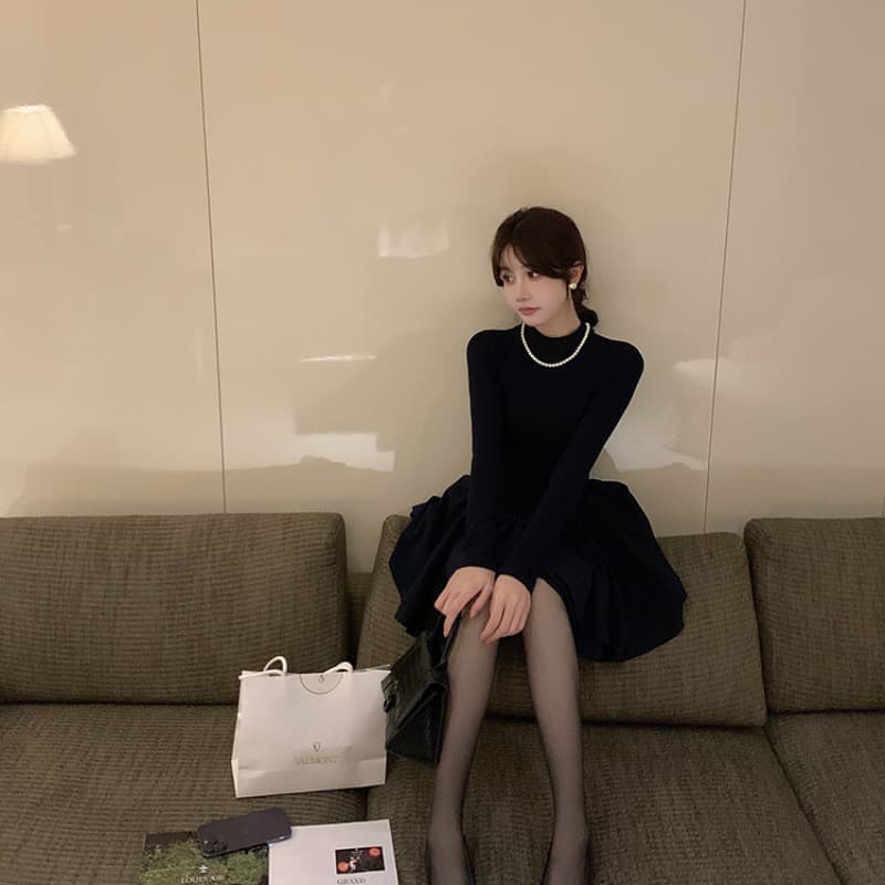 퍼프 공주 치마 검정색 드레스 복장 아이들 로드 중 가을 겨울 새로운 코트 인사이드 가져 가라. 꼬집기 허리 작은 검은 드레스 이미지 3