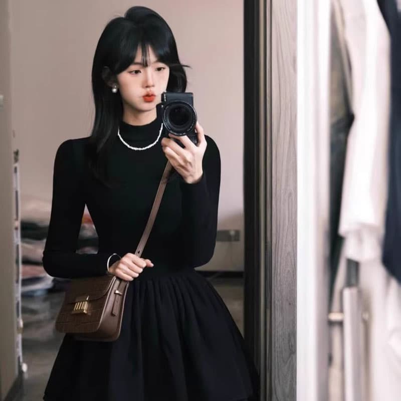 차 휴식 프랑스식 작은 키 검정색 니트 스웨터 점프 슈트 치마 여성 의류 여름 새로운 공주 퍼프 스커트 이미지 2