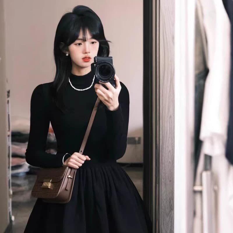 차 휴식 프랑스식 작은 키 검정색 니트 스웨터 점프 슈트 치마 여성 의류 여름 새로운 공주 퍼프 스커트