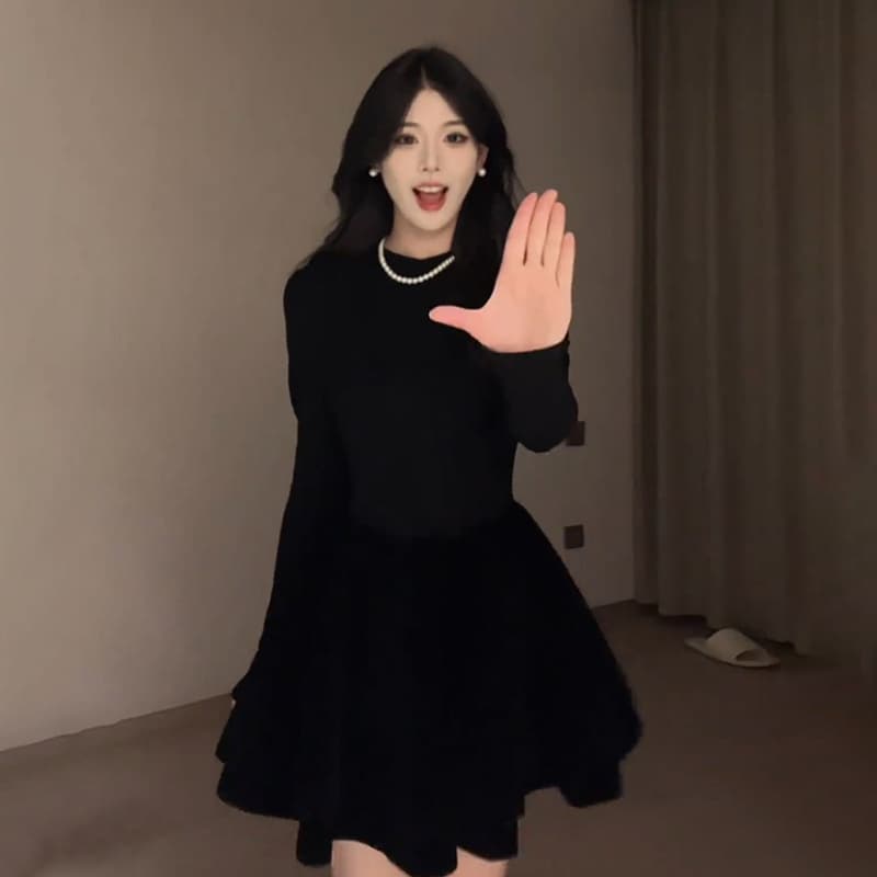 여름 새로운 그는 벤 바람 검정색 긴팔 드레스 작은 키 여성 의류 인사이드 가져 가라. 섹시함 공주 미니 스커트