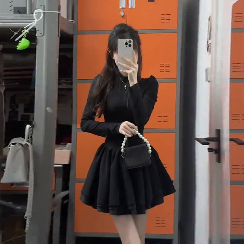 천 골드 작은 검은 드레스 공주 드레스 아이들 조기 가을 새로운 코트 인사이드 가져 가라. 허리 수축 만나는 퍼프 스커트