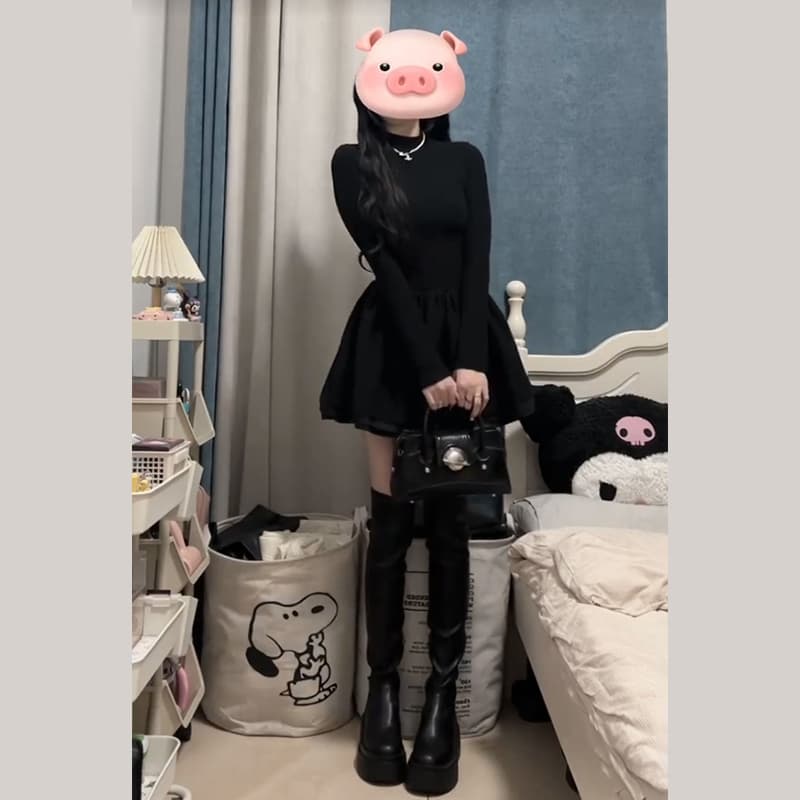즐거움 즐거움 검정색 긴팔 여성 드레스 봄 순수한 욕망 허리 수축 슬림해 보이는 작은 검은 드레스 고급 품격 퍼프 스커트 이미지 2
