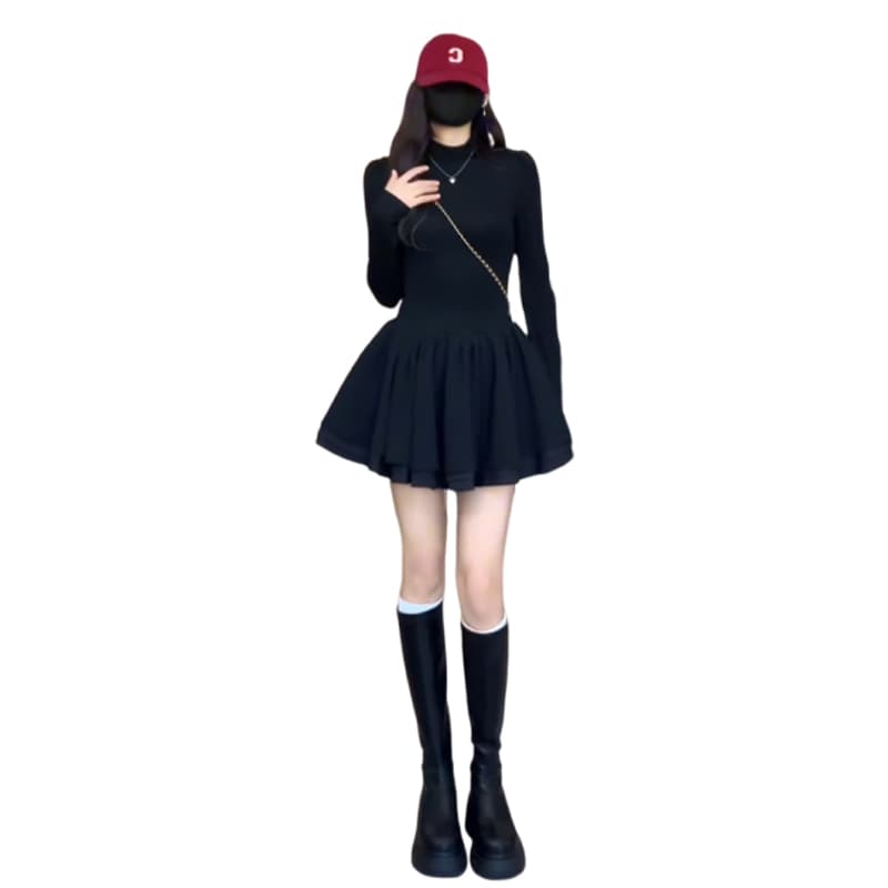 그는 벤 천 골드 작은 검은 드레스 여성 조기 가을 꼬집기 허리 슬림해 보이는 허리 수축 긴팔 니트 원피스 퍼프 스커트 이미지 5