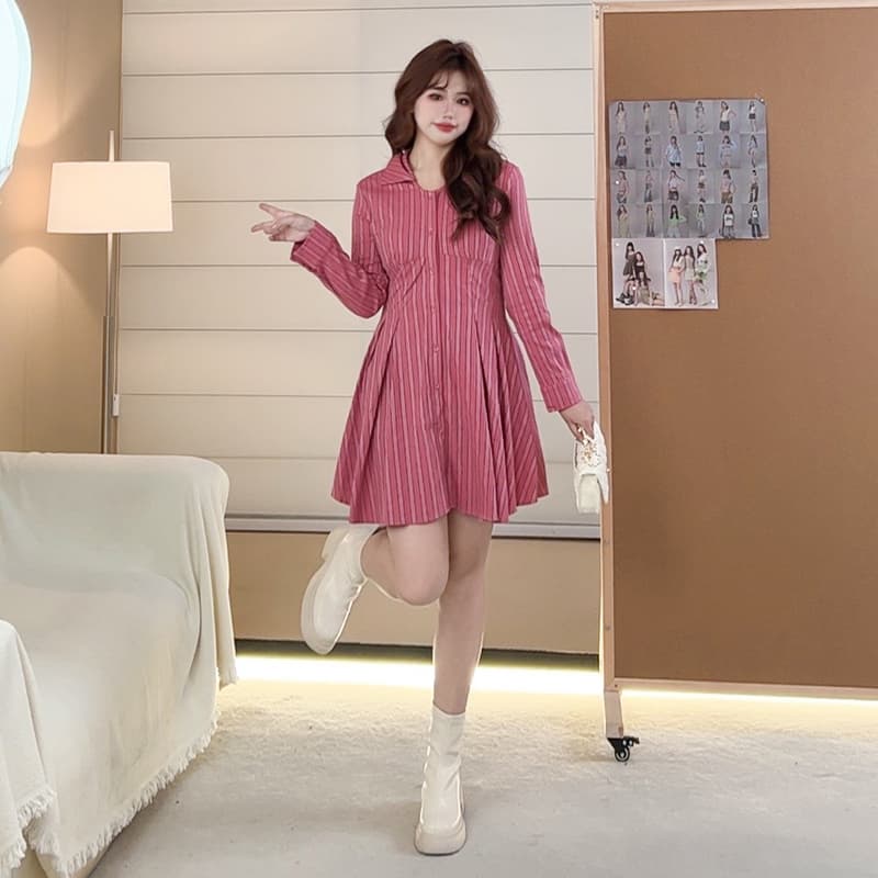 마이크로 지방 mm 올해 패션 스트라이프 드레스 2025 봄 프랑스식 작은 샤넬 스타일 셔츠 빅 사이즈 여성 의류 치마 이미지 3