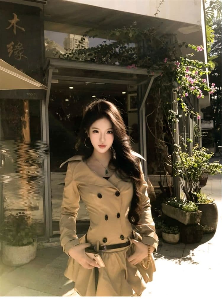카키 바람막이 스타일 드레스 봄 가을 새로운 고급 센스 레트로 허리 수축 빅 칼라 이중 버튼 꽃밭 미니 스커트 이미지 2