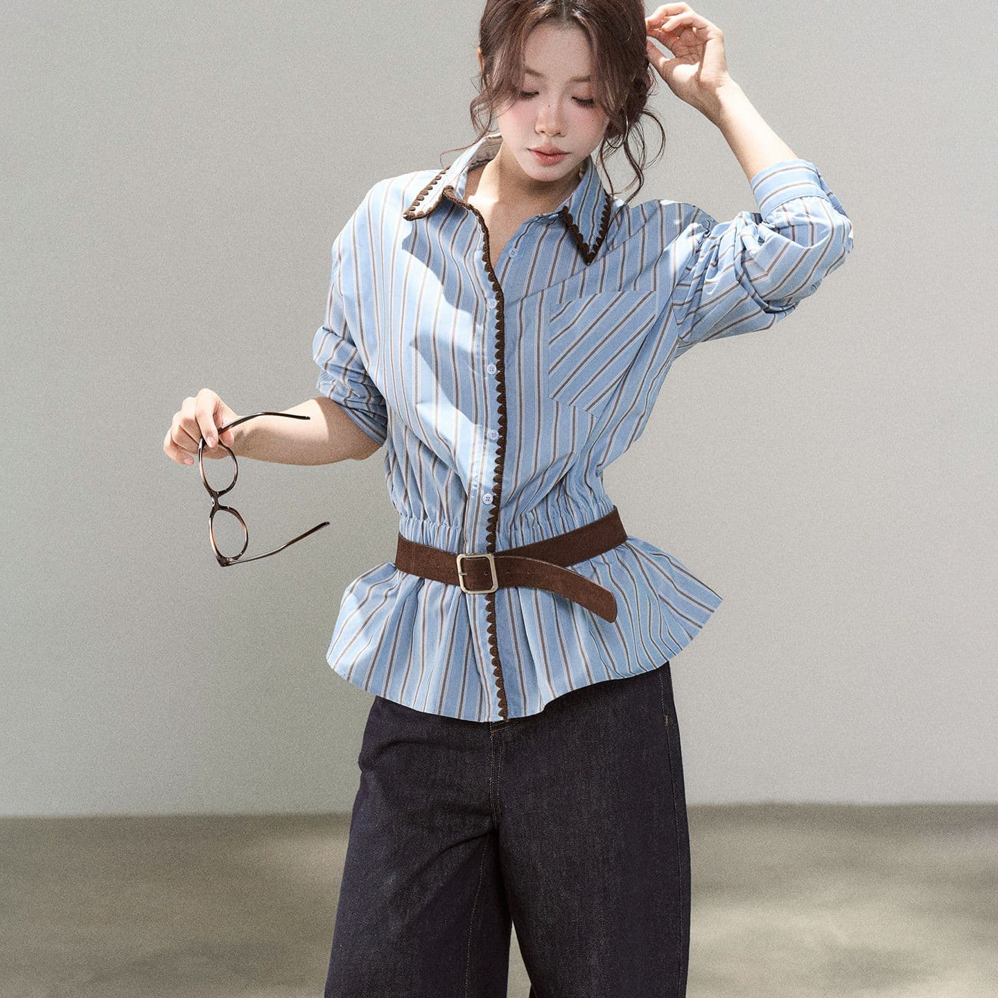 한 부서 고유 한 레이스 스트라이프 폴로 칼라 셔츠 드레스 여성 가을 고급 센스 chic 파란색 허리 수축 오픈 가디건 셔츠 트렌디
