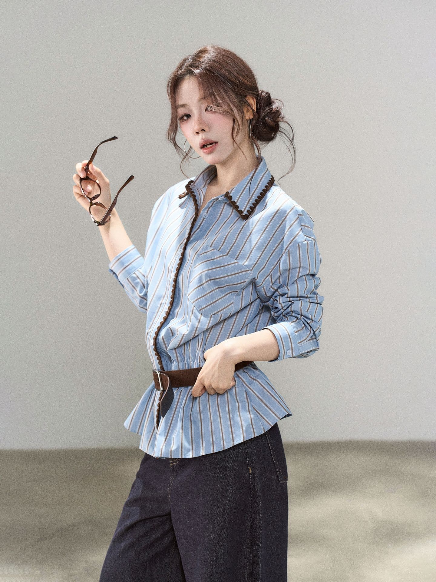 한 부서 고유 한 레이스 스트라이프 폴로 칼라 셔츠 드레스 여성 가을 고급 센스 chic 파란색 허리 수축 오픈 가디건 셔츠 트렌디 이미지 3