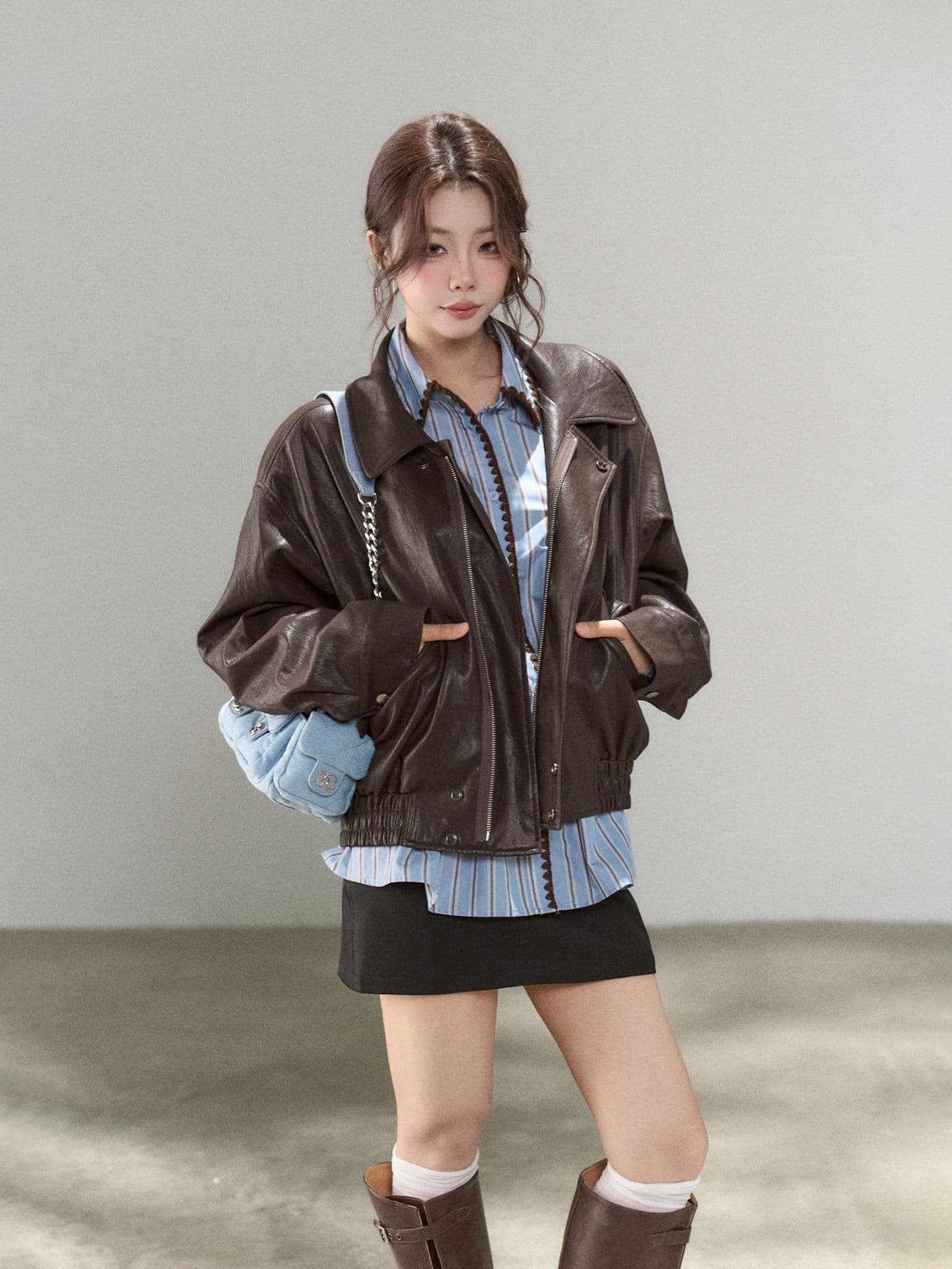 한 부서 고유 한 레이스 스트라이프 폴로 칼라 셔츠 드레스 여성 가을 고급 센스 chic 파란색 허리 수축 오픈 가디건 셔츠 트렌디 이미지 4