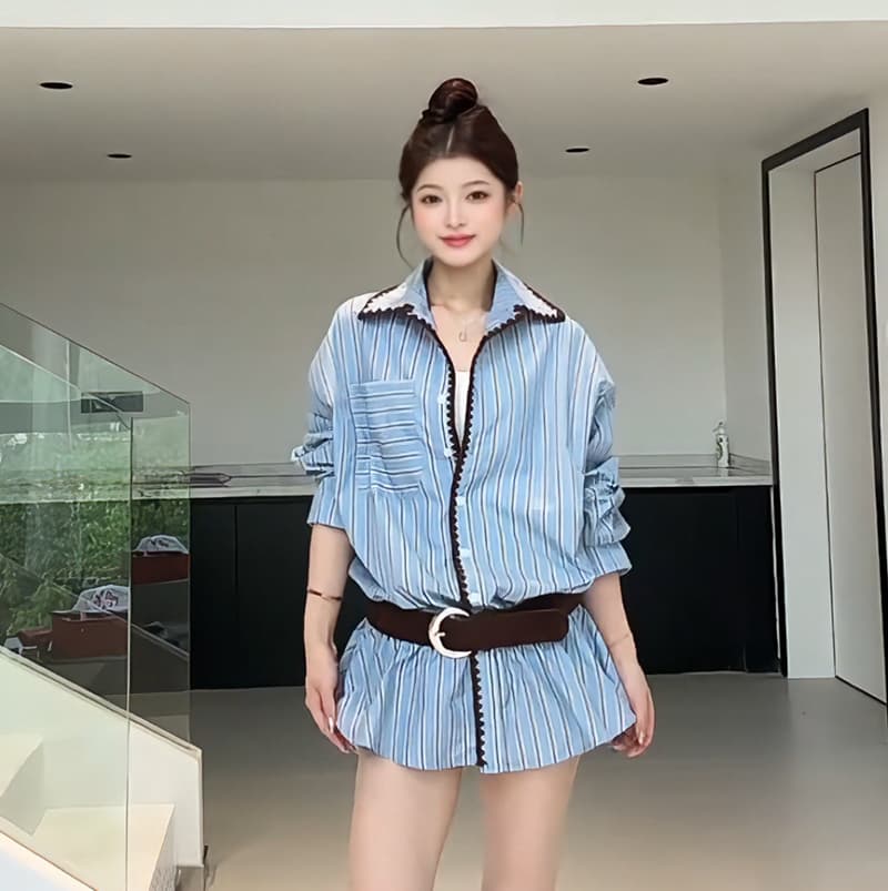 달콤한 차가운 레트로 스트라이프 배색 긴팔 여성 셔츠 한 부서 디자인 센스 작은 대중 POLO 칼라 루즈핏 중간 길이 맨위 이미지 2