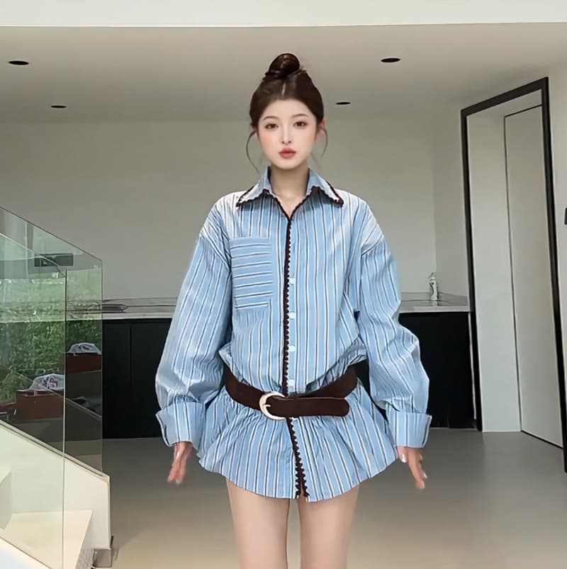 달콤한 차가운 레트로 스트라이프 배색 긴팔 여성 셔츠 한 부서 디자인 센스 작은 대중 POLO 칼라 루즈핏 중간 길이 맨위 이미지 4