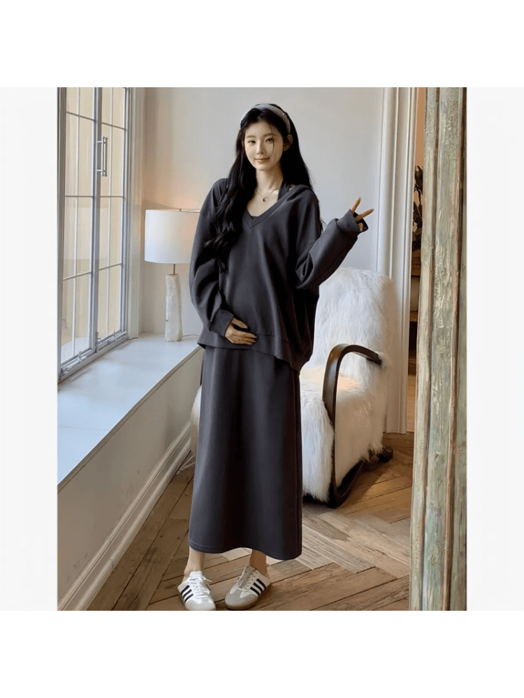 사람들 면 빈 가스 층 참나무 늑골 미니멀리즘 단색 투피스 세트 행침 목 후드티 하이웨이스트 반신 롱 스커트 이미지 4