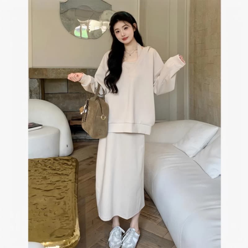 사람들 면 빈 가스 층 참나무 늑골 미니멀리즘 단색 투피스 세트 행침 목 후드티 하이웨이스트 반신 롱 스커트 이미지 5