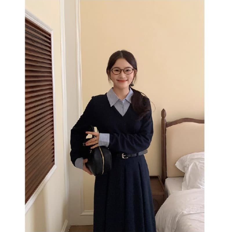 달콤한 핫걸 페이크 레이어드 드레스 여성 의류 가을 겨울 디자인 센스 고유 한 허리 수축 품격 슬림해 보이는 인사이드 가져 가라. 길다 치마 이미지 2