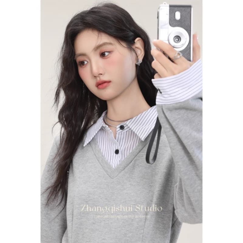 가을 겨울 새로운 회색 셔츠 칼라 드레스 페이크 레이어드 디자인 센스 허리 수축 슬림해 보이는 치마 아이들 이미지 5