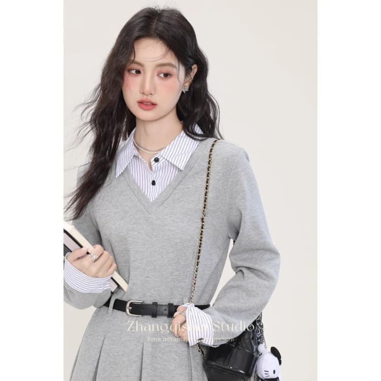 가을 겨울 새로운 회색 셔츠 칼라 드레스 페이크 레이어드 디자인 센스 허리 수축 슬림해 보이는 치마 아이들