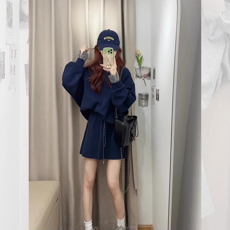 한국 chic 가을 겨울 레트로 연령 감소 루즈핏 패치워크 체크무늬 긴팔 후드티 하이웨이스트 펌프 로프 반신 치마 세트 이미지 2