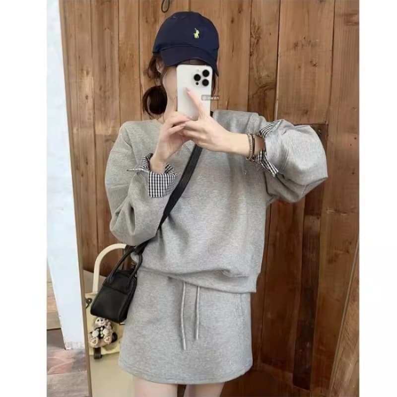 조기 가을 한 부서 코디 전체 집합 이른 봄 착용 가져 가라. 다시 a 다시 바람의 소리 블루 색상 후드티 미니 스커트 투피스 슈트 여성 이미지 3