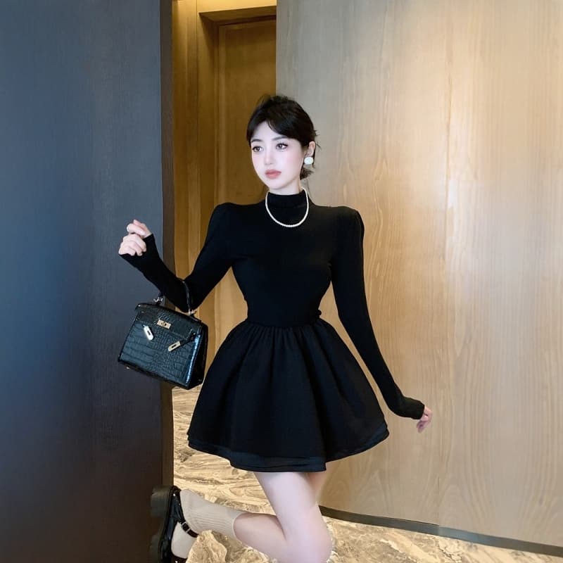 그는 벤 바람 작은 검은 드레스 여성 겨울 검정색 반하이넥 만나는 미니 스커트 인사이드 가져 가라. 퍼프 스커트 경기 코트 니트 치마 이미지 2