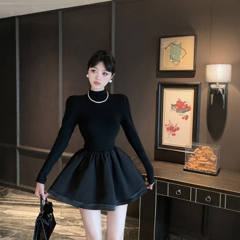 그는 벤 바람 작은 검은 드레스 여성 겨울 검정색 반하이넥 만나는 미니 스커트 인사이드 가져 가라. 퍼프 스커트 경기 코트 니트 치마 이미지 3