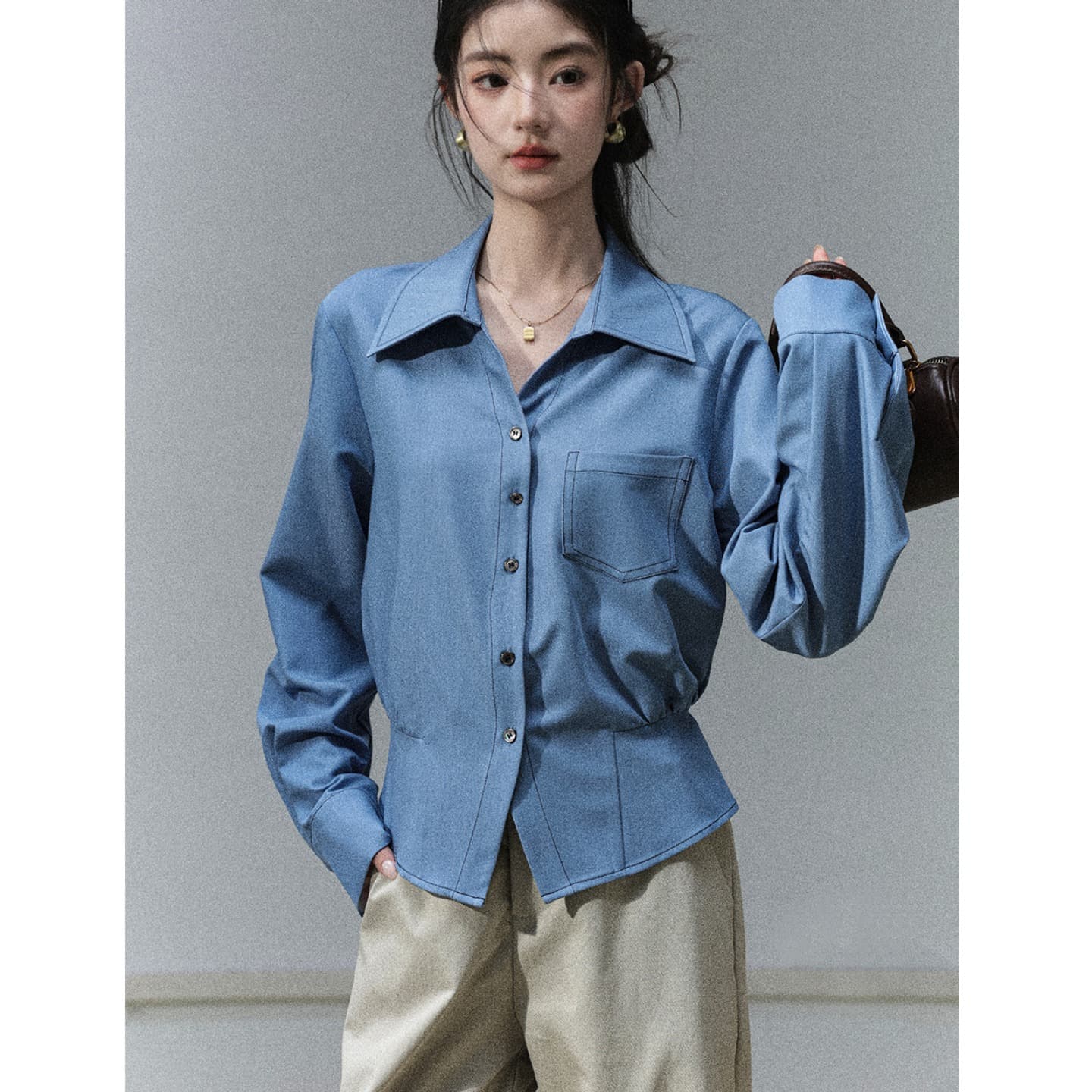 작은 키 봄 파란색 셔츠 여성 디자인 센스 패션 맨위 새로운 품격 긴팔 셔츠 이미지 5