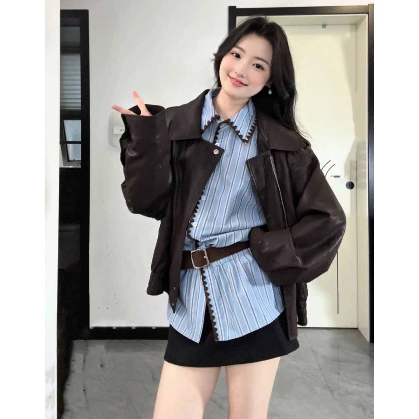 빅 사이즈 지방 mm 배색 스트라이프 여성 셔츠 2026 가을 새로운 한 부서 착용 가져 가라. POLO 칼라 루즈핏 긴팔 셔츠