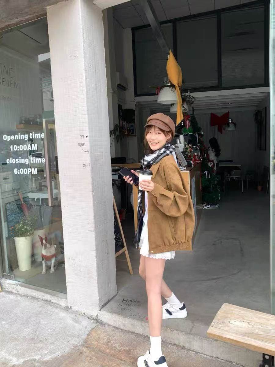 레트로 모방 스웨이드 폴로 칼라 재킷 지퍼 여성 코트 새로운 고급 센스 루즈핏 다용도 브라운 맨위 상세 이미지 5