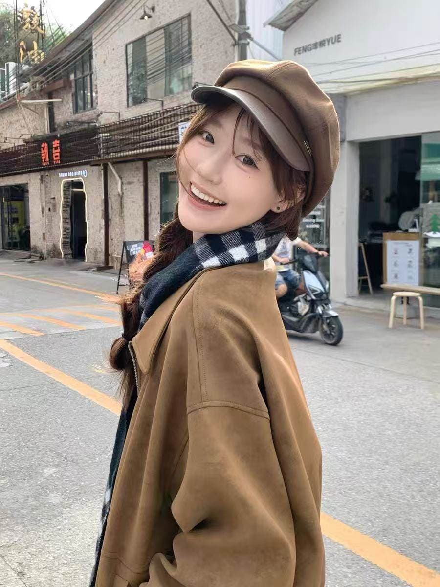 레트로 모방 스웨이드 폴로 칼라 재킷 지퍼 여성 코트 새로운 고급 센스 루즈핏 다용도 브라운 맨위 상세 이미지 6