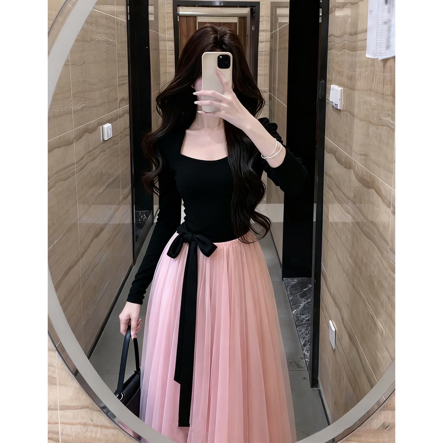 면 리브 슈퍼 비밀 폴리 에스터 인터넷 네리 하나 프랑스식 페이크 레이어드 배색 품격 치마 슬림해 보이는 드레스
