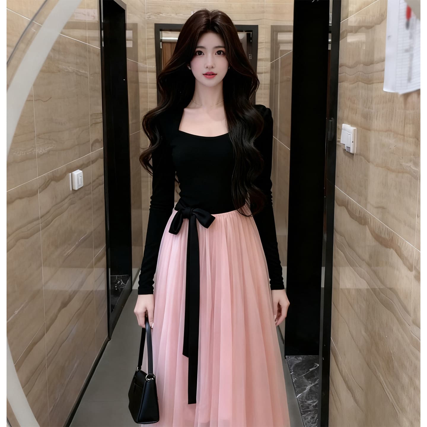 면 리브 슈퍼 비밀 폴리 에스터 인터넷 네리 하나 프랑스식 페이크 레이어드 배색 품격 치마 슬림해 보이는 드레스 이미지 5