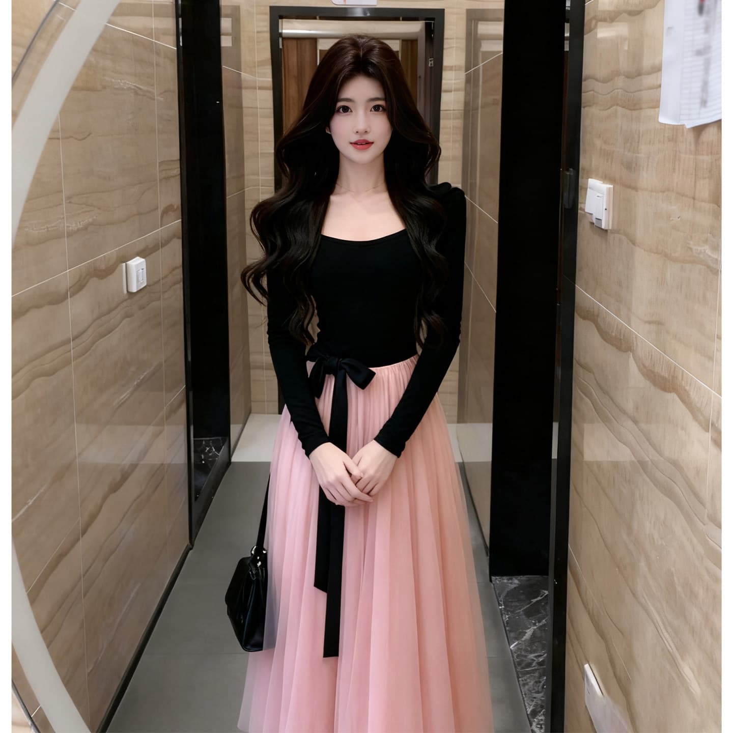 면 리브 슈퍼 비밀 폴리 에스터 인터넷 네리 하나 프랑스식 페이크 레이어드 배색 품격 치마 슬림해 보이는 드레스 이미지 4
