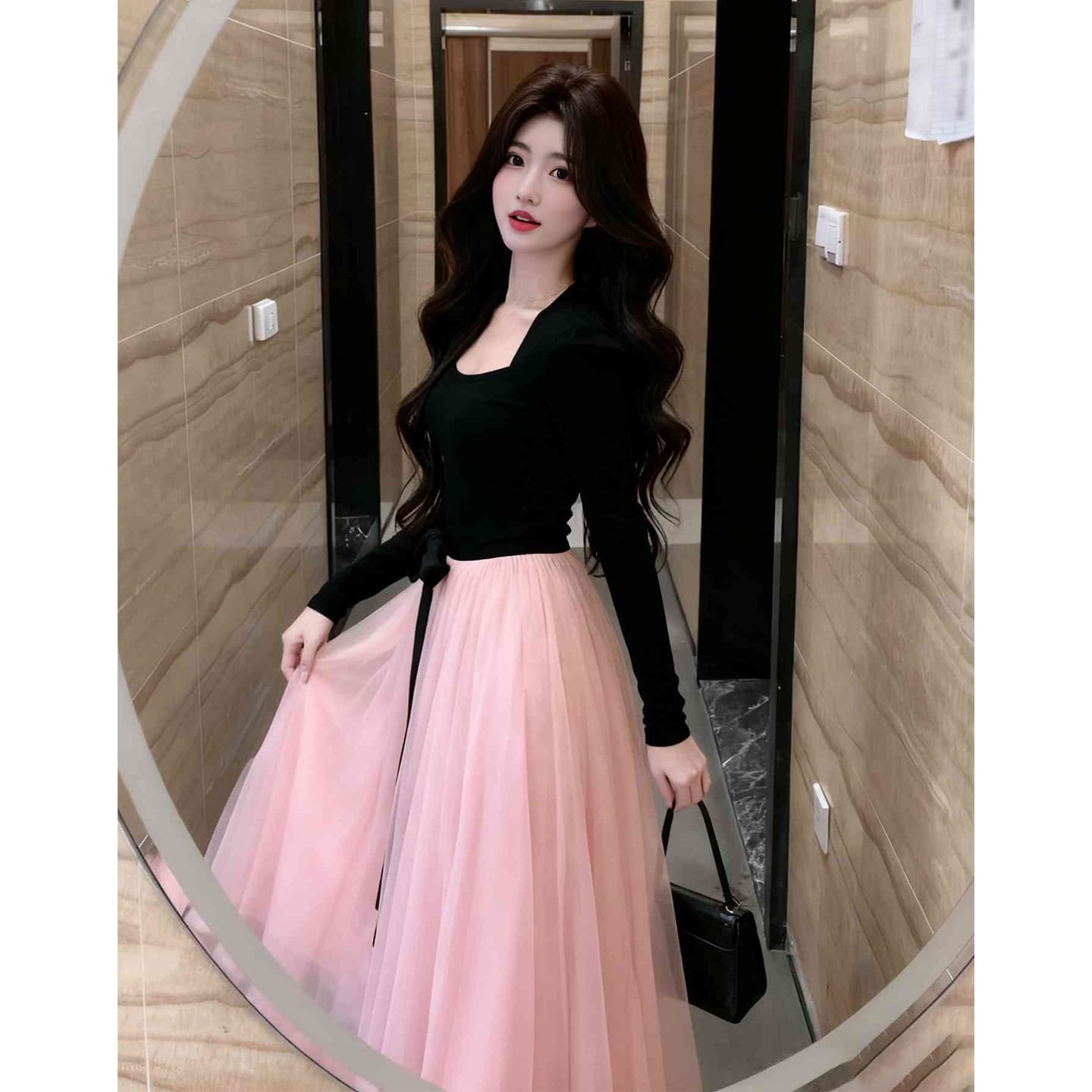 면 리브 슈퍼 비밀 폴리 에스터 인터넷 네리 하나 프랑스식 페이크 레이어드 배색 품격 치마 슬림해 보이는 드레스 이미지 3
