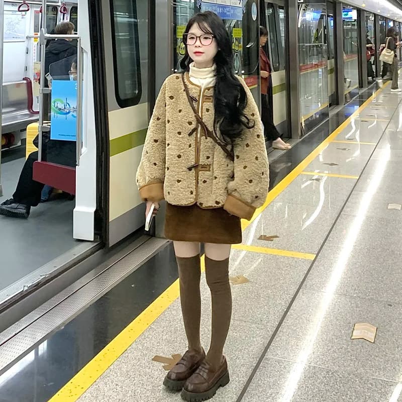 500 그램 양털 플리스 복합 스웨이드 수건 자수 법 하나 레트로 도트 무늬 양털 여성 코트 이미지 5