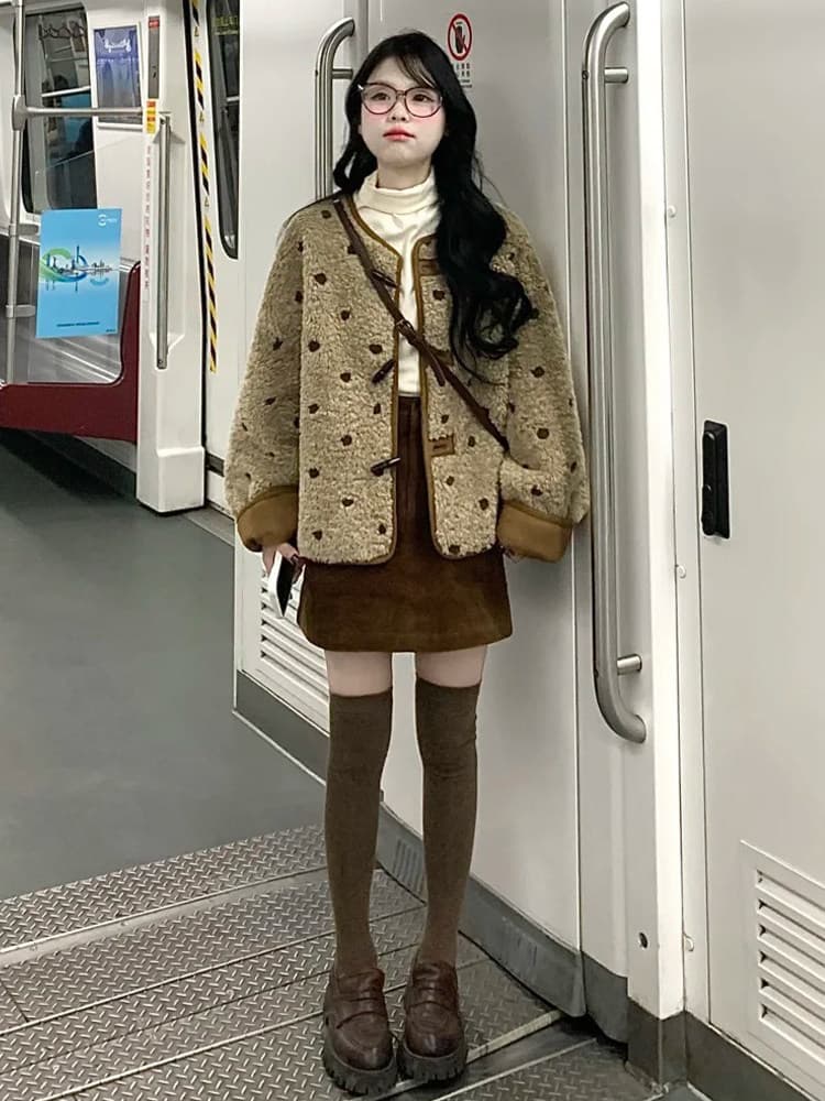 500 그램 양털 플리스 복합 스웨이드 수건 자수 법 하나 레트로 도트 무늬 양털 여성 코트 상세 이미지 2