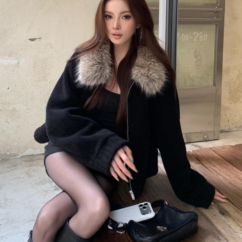 두꺼운 500 그램 양털 플리스 복합 스웨이드 큰 모피 칼라 슈퍼 한 명 화재 양털 여성 코트 두꺼움 재킷 블랙