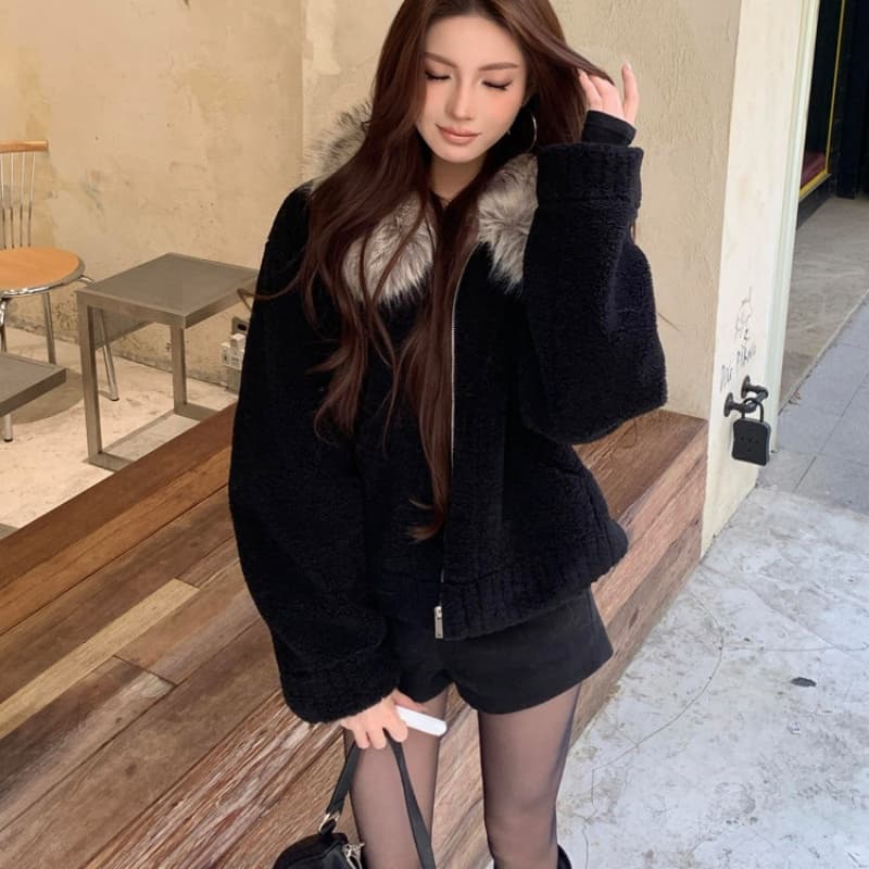 두꺼운 500 그램 양털 플리스 복합 스웨이드 큰 모피 칼라 슈퍼 한 명 화재 양털 여성 코트 두꺼움 재킷 블랙 이미지 4