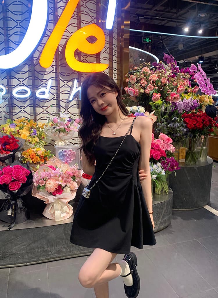 프랑스식 디자인 센스 주름 검정색 슬립 드레스 봄 여름 새로운 지방 mm 하이웨이스트 슬림해 보이는 바지 스커트 상세 이미지 3