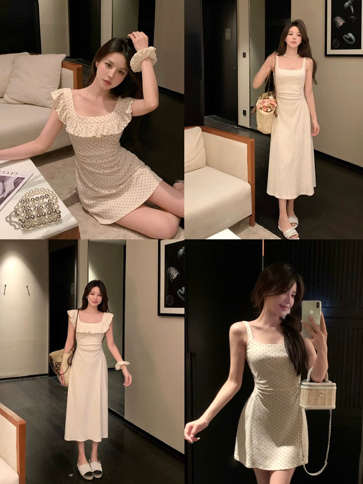 슬림해 보이는 허리 수축 도트 무늬 작은 날다 소매 광장 칼라 여성 드레스 여름 새로운 품격 길다 쇼트 스타일 치마 이미지 4