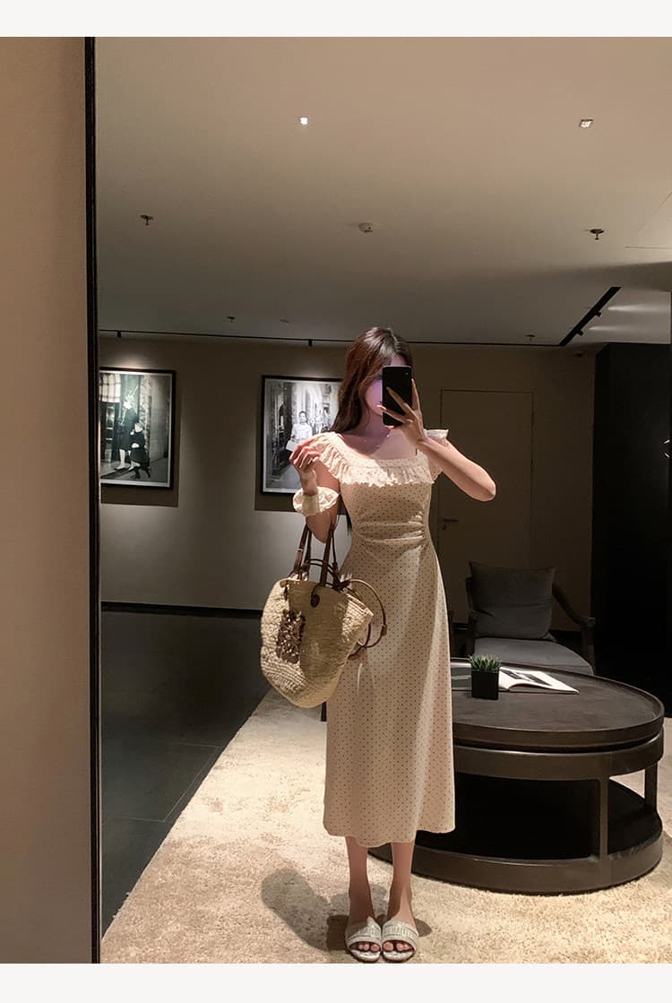 슬림해 보이는 허리 수축 도트 무늬 작은 날다 소매 광장 칼라 여성 드레스 여름 새로운 품격 길다 쇼트 스타일 치마 상세 이미지 12