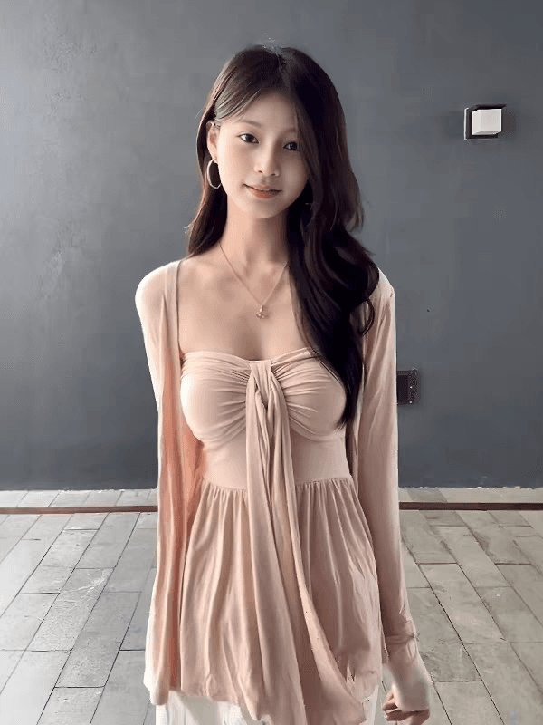 한 부서 핑크색 레이스업 튜브탑 자외선 차단 오픈 가디건 여성 2025 여름 새로운 디자인 센스 느긋한 바람 맨위 투피스 세트 상세 이미지 3